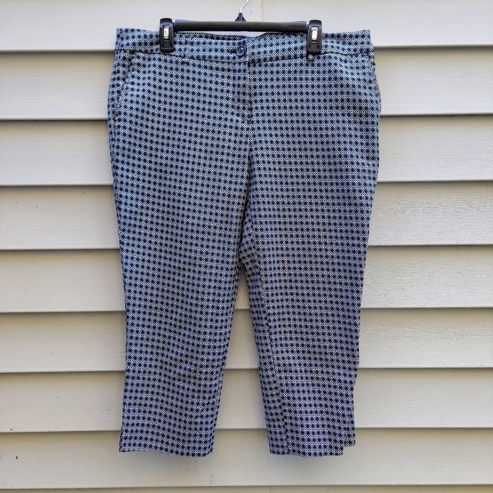 Hilary Radley Black Turquoise Print Capri Ankle Stretch Pants Size 16 comfy Gift